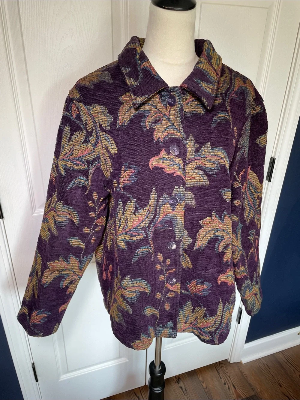 Vintage Robyne Faune Tapestry Jacket Purple Floral Leaf Brocade Knit Coat Sz XL